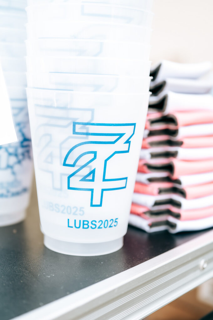 Custom wedding cups featuring the Lubbs name at a fun Lake of the Ozarks wedding reception